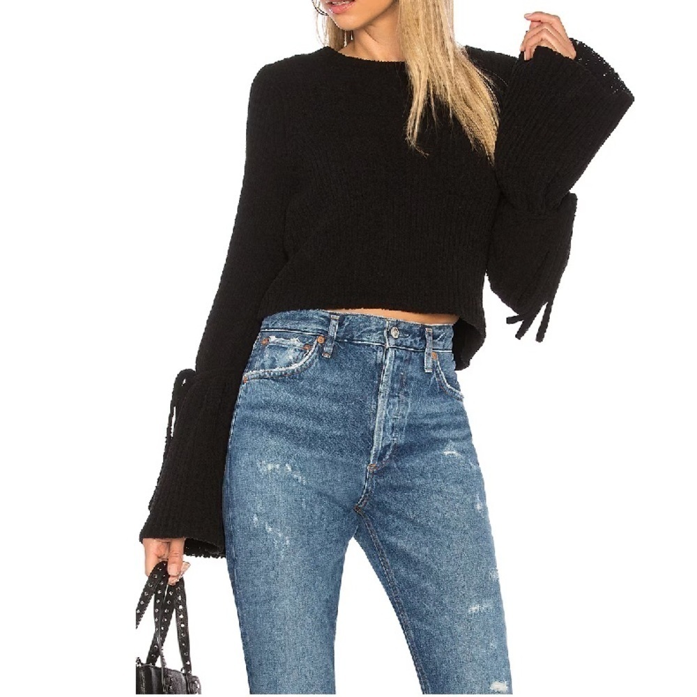 Lovers + Friends Parkwood Sweater Cropped Chenille Tie Bell Sleeve Black Size S - Picture 2 of 16